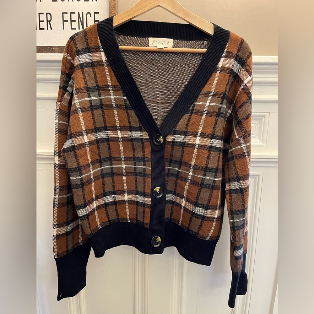 Brown, black, cream plaid cardigan. Size Large.